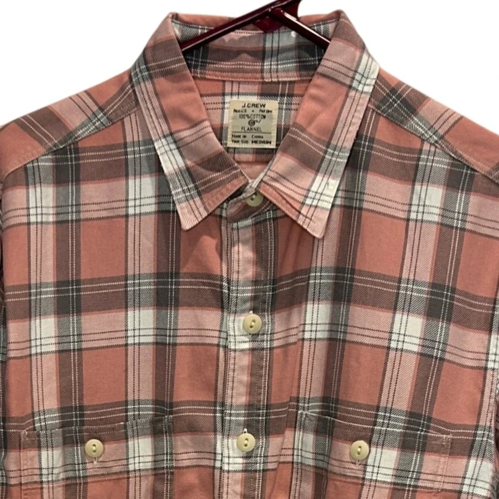 J. Crew‎ Mens Flannel Button Down Shirt Medium Plaid Coral Gray White Cotton